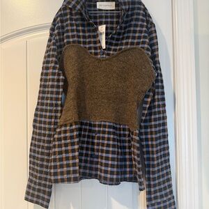 SELF CONTRAST Plaid Buttondown Twofer Corset Sweater Top